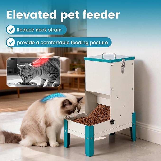 Automatic Cat Feeder, 10L Cat Food Dispenser Automatic Dog Feeder with Stand Gravity Cat Feeder Removable Feeding Tray Raised Pet Feeder for Dogs and Cats