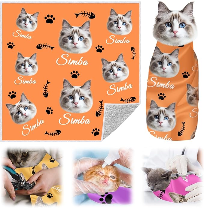 Personalized Cat Grooming Wrap for Nail Trimming, Custom Cat Swaddle with Name Photo, Self-Adhesive Cat Restraint Wrap for Teeth Brushing, Ear Cleaning, Vet Visits, Cat Lover Gift