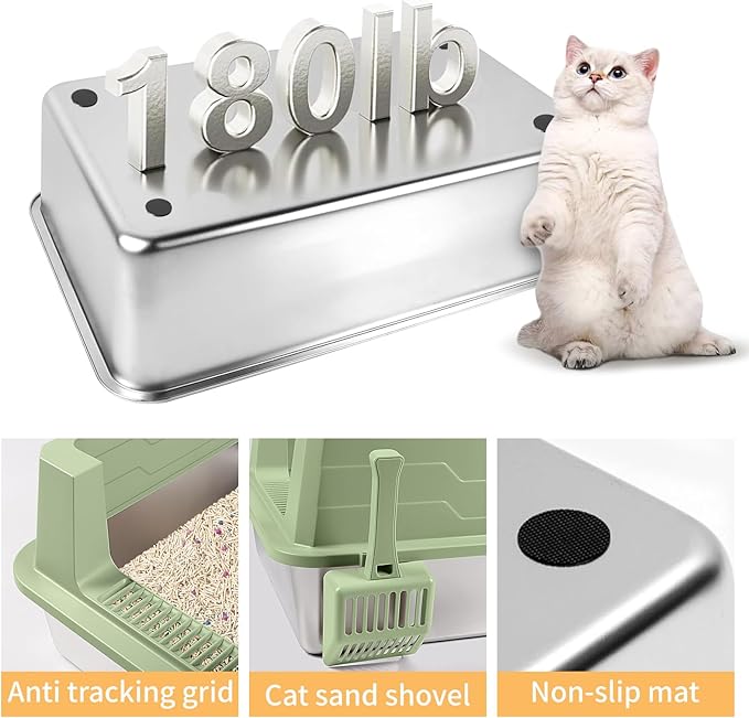 Extra Large Stainless Steel Litter Box, XXXL 27.6" H x 19.7" W x 11.8" H Metal High Sided Cat Litter Box with Scoop, Leak-Proof, Easy Clean for Big Cats/Multiple Cats (Green)