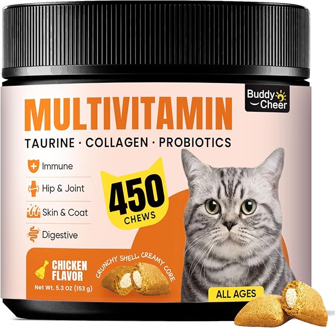 Cat Multivitamin Treats with L-Lysine & Taurine – Daily Nutritional Chews with 12 Vitamins & 5 Minerals for Indoor & Senior Cats – Crunchy, Creamy Bites – 450 Count