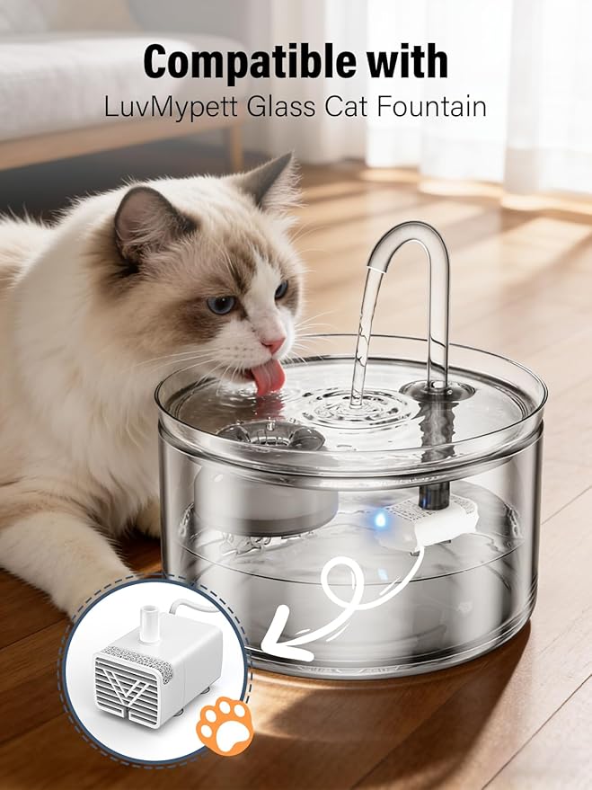 Glass Water Fountain Replacement Pump, Ultra Quiet Auto Shut-off Pump with Light, Only Compatible with LuvMypett GF222 Pet Water Dispenser