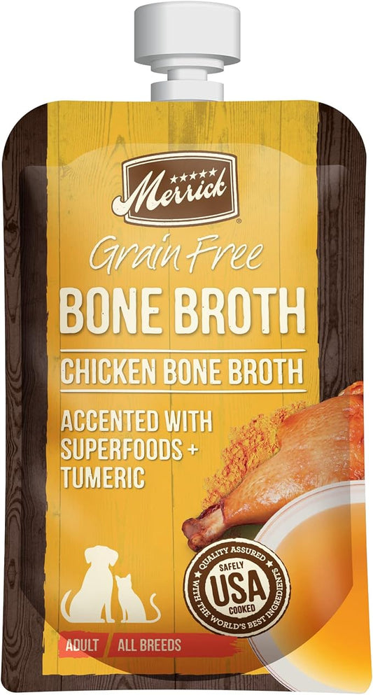 Merrick Grain Free Bone Broth, Premium Human Grade And Gluten Free Dog And Cat Food Topper Pouches, Chicken - 7 oz. Pouch