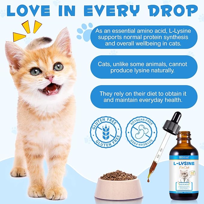 L-Lysine for Cats, Natural L-Lysine Supplement Supports Immune Health, Respiratory Function, Skin Care and Bright Eyes Cat Drops, Chicken Flavor, 2 Fl Oz