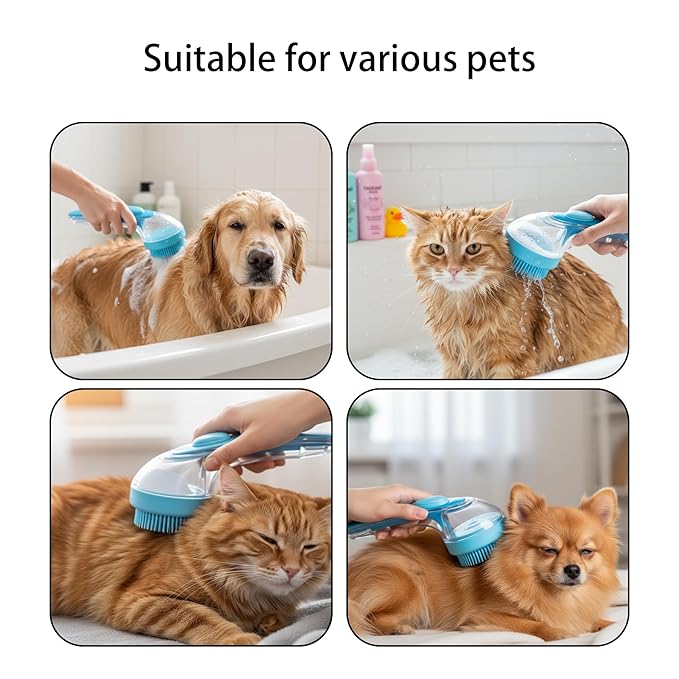 Pet Bath Brush,Dog Grooming Brush,Comes with Pet Grooming Comb and 2 Pcs Cat Scrubbers for Bath,2 in 1 Dog Bath Brush,Scrubber with Built-in Shampoo Dispenser