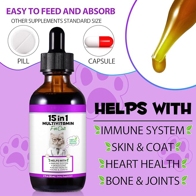 Cat Multivitamin Drops - 15 in 1 Vitamin Supplement for Immune Support, Heart, Bones, Joint, Skin & Coat Health, Bacon Flavor Vitamins for Senior Cats & Kittens (2 Pack, for cat)