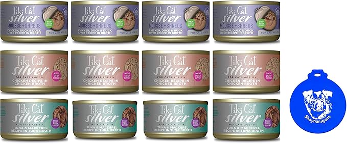 Variety Pack of Tiki-Cat Silver Canned Cat Food for Seniors in 3 Flavors: 4 Chicken/Duck Mousse & Shreds, 4 Tuna/Mackerel and 4 Chicken in Chicken Broth (12 Cans Total, 2.4 Oz Each) Plus Silicone Lid