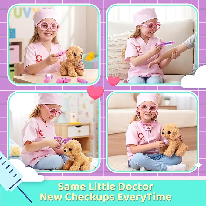 Meland Toy Doctor Kit for Girls, Pretend Play Toy Doctor Set with Dog , Carrying Bag, Stethoscope & Dress Up Costume Gift for Kids Toddlers Ages 3 4 5 6 Year Old for Role Play