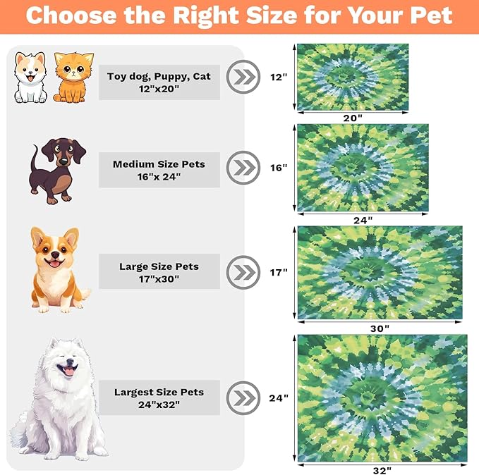 Tie Dye Dog Food Mat for Floors Absorbent, Quick Dry Water Dispenser Mat for Food, Water, Pet Supplies 16" x 24", Green Abstract