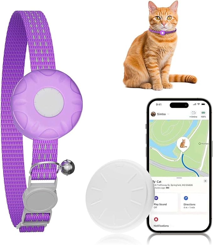 GPS Tracker for Cats, Cat Tracker Compatible with Apple Find My App (Only iOS), No Monthly Fee, Breakaway Collar Included (White Tracker, Purple Cat Collar)