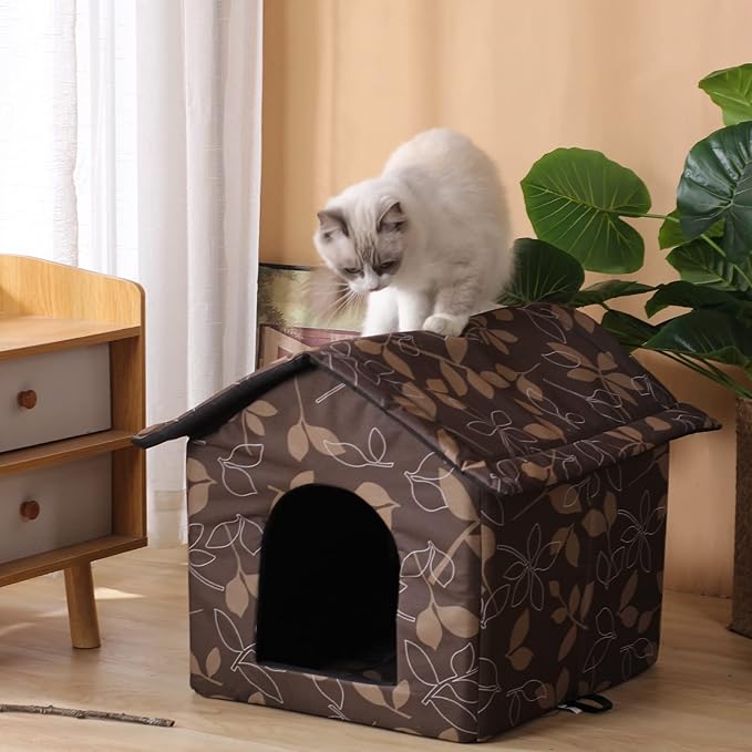 Outdoor Cat House Cat House for Outdoor and Indoor Use - Waterproof Shelter for Cats, Dogs, and Feral Animals (Brown, Large)