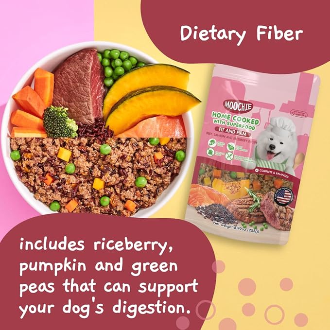 MOOCHIE Home Cooked Superfood Wet Dog Food - Fit & Firm - Beef, Salmon & Riceberry - No Artificial Flavors or Preservative - 6 x 9 oz Pouch