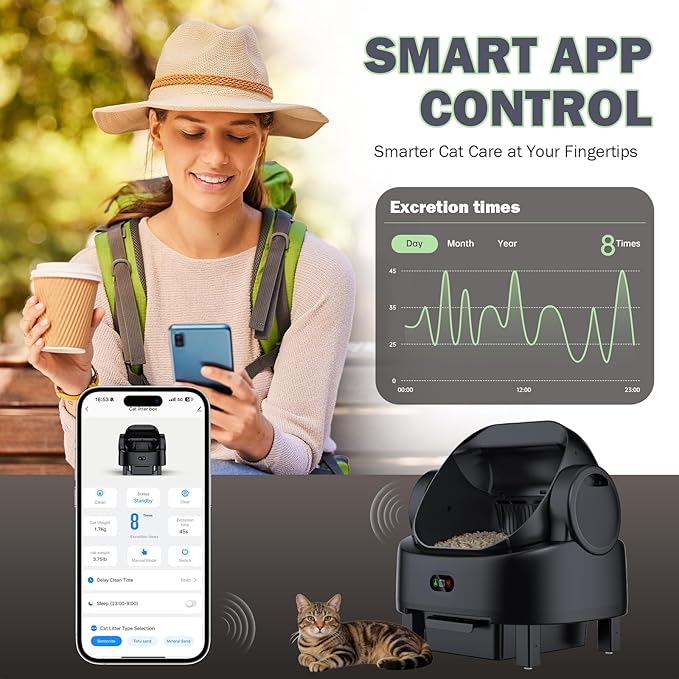 Self Cleaning Litter Box, Multiple Smart Safety Sensor, Open Top Automatic Litter Box, Large Capacity Multiple Cats, with APP Control/1 Trash Bag/1 Litter Mat, Cat Litter Box Automatic Cleaning