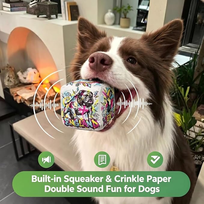 Street-art Soccer Toss Dice Dog Toy, Interactive Plush Cube with Squeaker Crinkle paper, Irregular Bounce Interactive Indoor Toy, 6-Sided Squeaky Prediction Dice,Match Day Companion Pet Supply