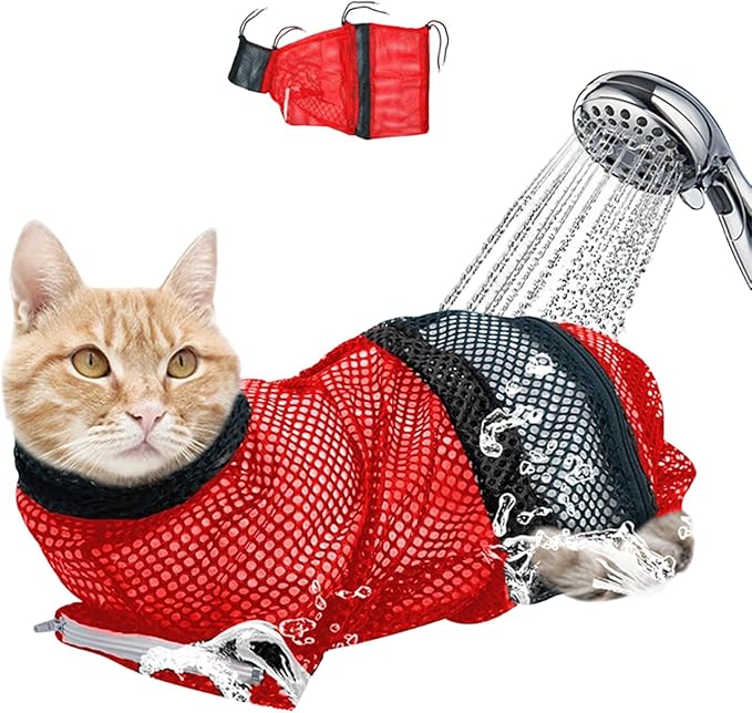 Cat Bathing Bag, Adjustable Mesh Grooming Restraint Bag for Cats, Red and Black, Stress-Free Pet Washing and Nail Trimming (Red)