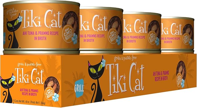 Tiki Cat Grill, Ahi Tuna & Prawns, High-Protein and 100% Non-GMO Ingredients, Wet Whole Foods Cat Food for All Life Stages, 6 oz. Cans (Pack of 8)