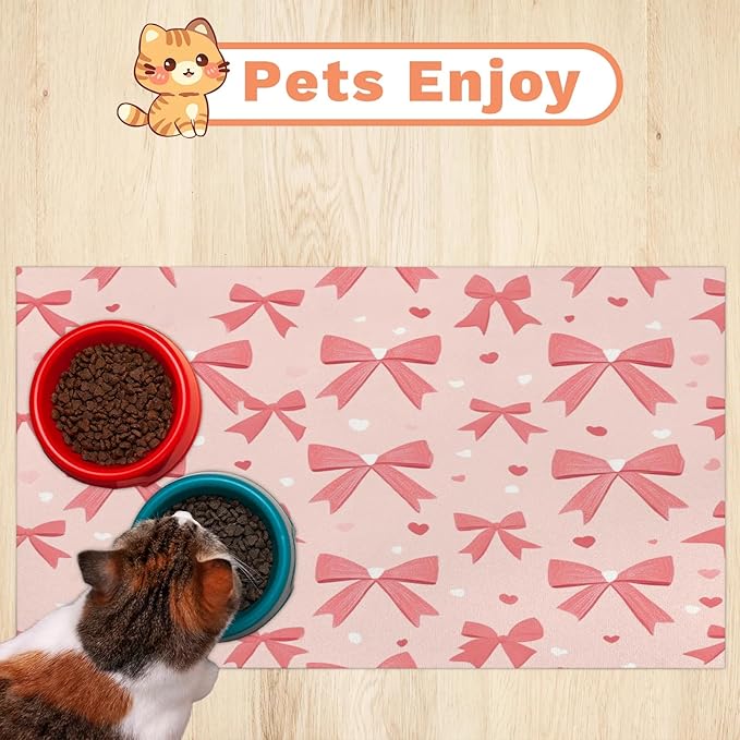 Pink Bow Dog Food Mat for Floors Absorbent, Quick Dry Water Dispenser Mat for Food, Water, Pet Supplies 24" x 32", Bowknot