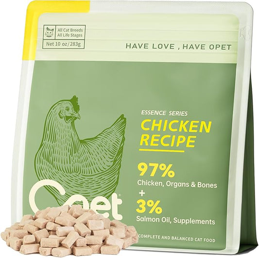 OPET Freeze Dried Raw Cat Food, Chicken & Salmon Oil Recipe, Complete & Balanced Meal or Topper, Healthy, Grain Free, High Protein Raw Cat Freeze Dried Treats (10 oz, Chicken)