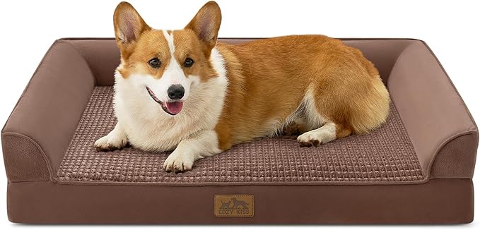 Orthopedic Large Dog Beds, Bolster Pet Couch with Waterproof Lining, Egg Crate Foam Sofa for Pets Up to 65 lbs, U-Shaped, 36x27x7.5 inch, Brown