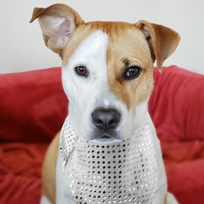 TEHAUX 2pcs Dog Bandana Bib Set, Sequin Triangle Scarf with Mesh Fabric, Silver Color, Puppy Saliva Towel for Pet Supplies and Accessories