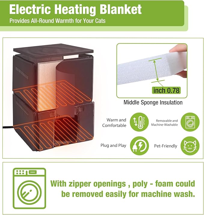 GUTINNEEN Heated Cat House for Outside, 2-Story Outdoor Cat House Insulated with Electric Heating Blanket, Waterproof Wooden Cat Shelter with Bite-Resistant Wires