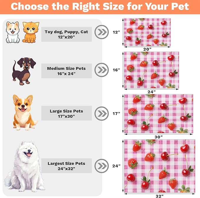 Red Strawberry Dog Food Mat for Floors Absorbent Dog Bowl Mat for Food and Water Dispenser Quick Dry Cat Food Placemat Pet Supplies 12" x 20", Buffalo Check
