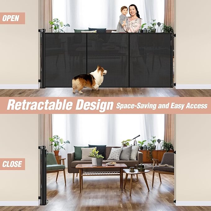 Reinforced 42" Tall x 75" Wide Retractable Baby Gate with Support Rods - Prevents Crawling Under Extra Tall Pet Gate Indoor Mesh Gate Outdoor Long Baby Gate Tall Dog Gates for Doorways, Black