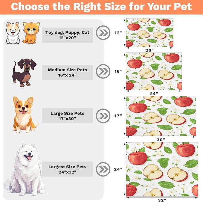 Apples Fruit Dog Food Mat for Floors Absorbent Dog Bowl Mat for Food and Water Dispenser Quick Dry Cat Food Placemat Pet Supplies 17" x 30", Green Leaves