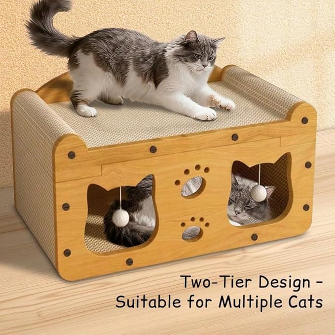 Multi-Function Cat Scratcher House Box,3-in-1 Scratch Pad and Soft Bed & Play Cave with Toys, Durable Build & Ideal for Cats/Kitty (Yellow,MD-CAT1)