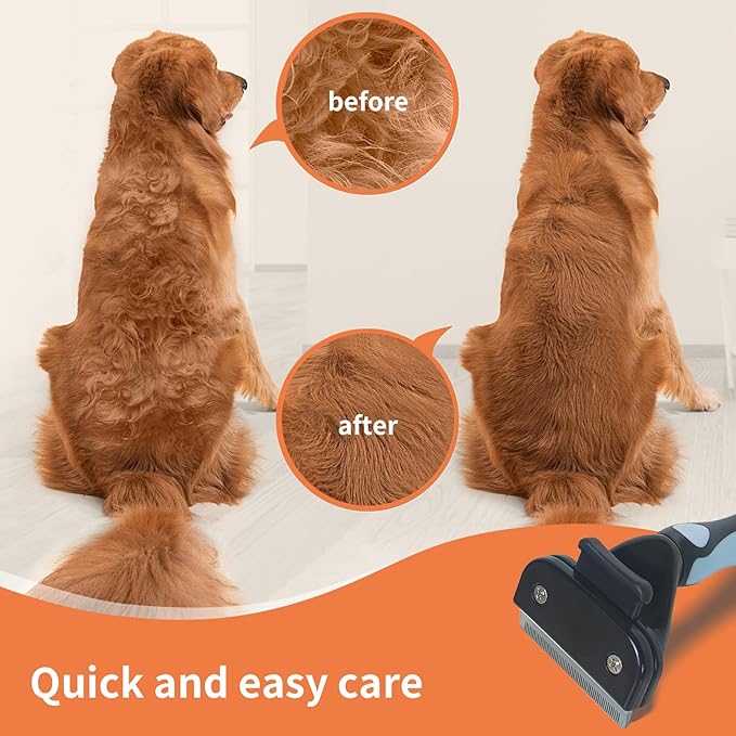 Pet Deshedding Tool, Self Cleaning Pet Grooming Rake, Deshedding Hair Brush with Stainless Steel Teeth and Rubber Handle, for Dog Cat Short Medium and Long Pet Hair (Small)