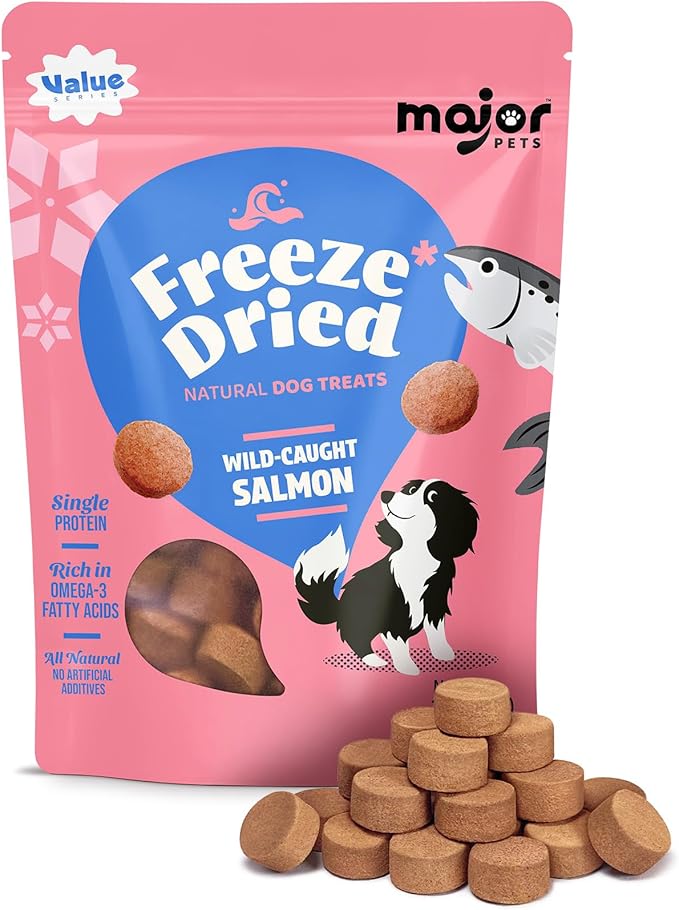 MAJOR PETS Freeze Dried Salmon Dog & Cat Treats - Wild Caught Alaskan Salmon -Single Protein - Grain Free & Gluten Free - Dog Food Toppers & Training Treats - Made and Sourced in The USA - 10 oz