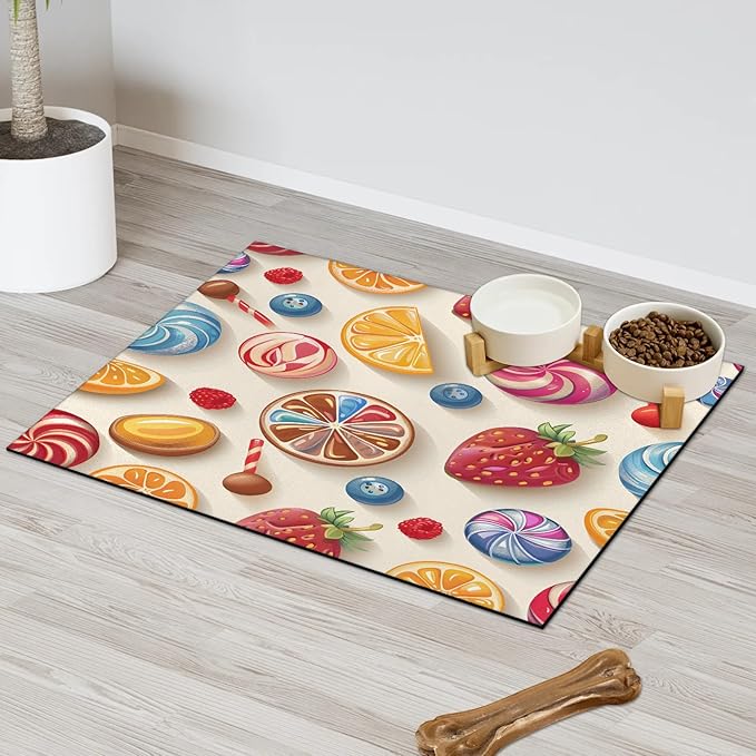 Candyland Party Dog Food Mat for Floors Absorbent Dog Bowl Mat for Food and Water Dispenser Quick Dry Cat Food Placemat Pet Supplies 16" x 24", Sweet Candy