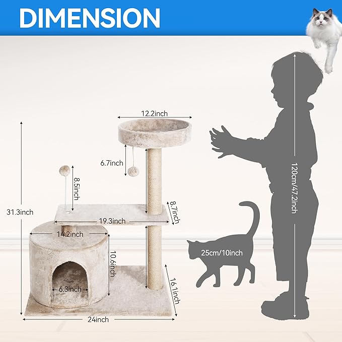 31.3" Cute Small Cat Tree Tower, 4-in-1 Multi-Level Cat Furniture Activity Centerl with Cat Scratching Post,Cave & Cozy Perch,Interactive Dangling Ball for Indoor Kittens/Cats