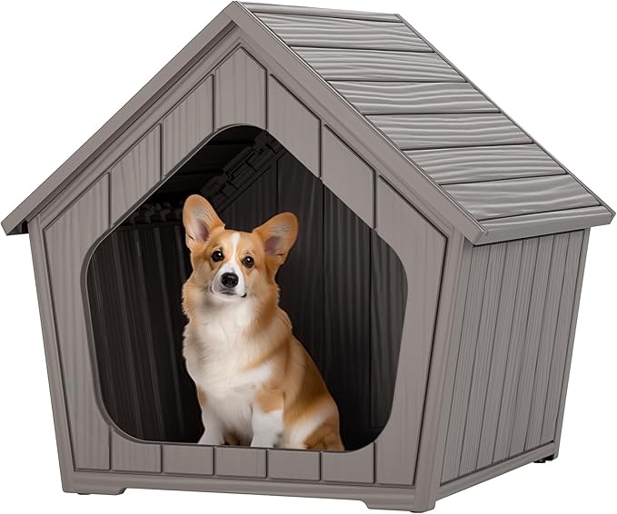 Fancyango Dog House Outdoor Indoor for Small Dogs - Plastic Pet Shelter, Easy-Assemble & Weather-Resistant for Living Room, Balcony (Classic Grey, 23.43" L×22.44" W×22.24" H)