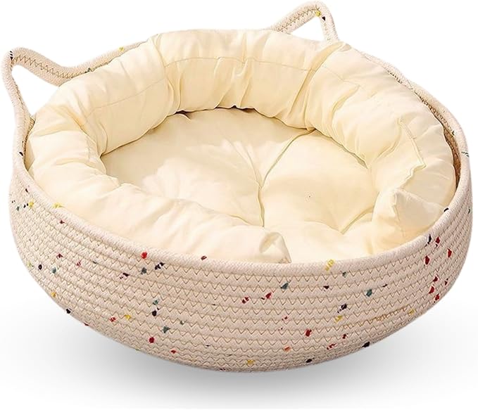 Cat Bed for Indoor Cats – Round Washable Basket with Soft Cushion & Scratchable Sides, Cozy Woven Kitten Bed, 17.7” x 5.9”