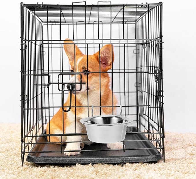 2pcs Hanging Dog Bowls Stainless Steel No Spill Puppy Food and Water Feeder Bowls for Dog Cage Pet Feeding Supplies