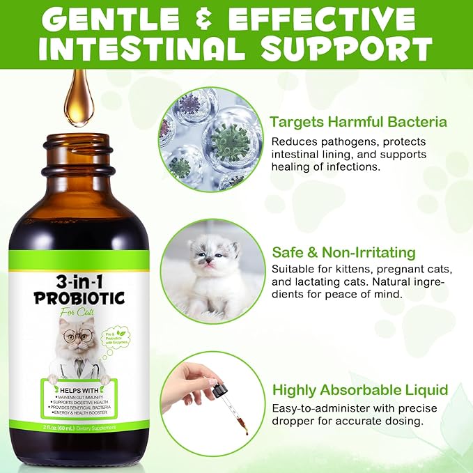 Probiotics for Cats, Cat Probiotic with Prebiotic and Enzymes, 3 in 1 Cat Probiotic Drops, Cats Probiotics Supplement Help Digestive Support Gut Health