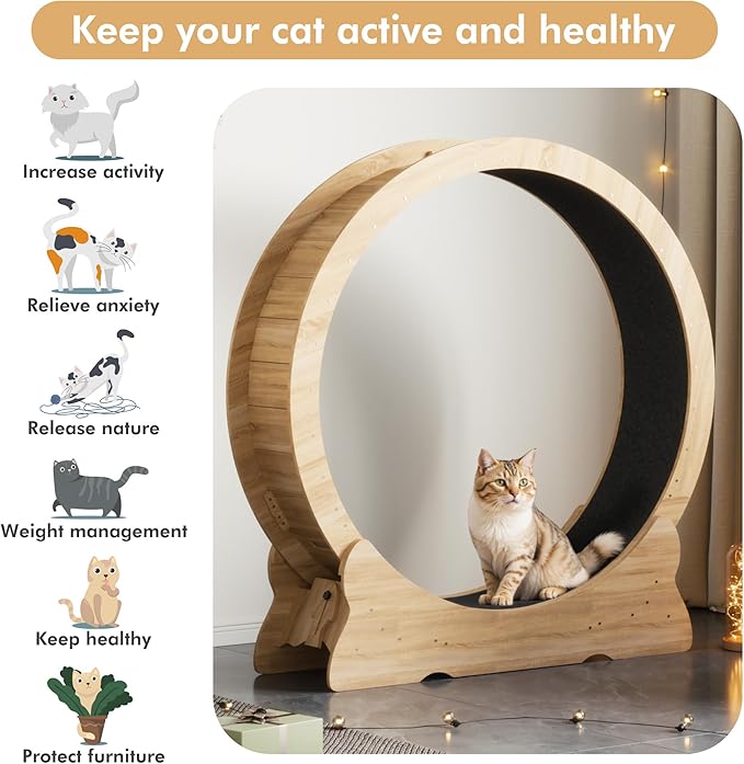 Cat Exercise Wheel, 46'' Cat Wheel for Indoor Cats with Carpeted Runway, XL Treadmill with Removable Carpet and Teaser, for Running Walking Training (Natural Wood)