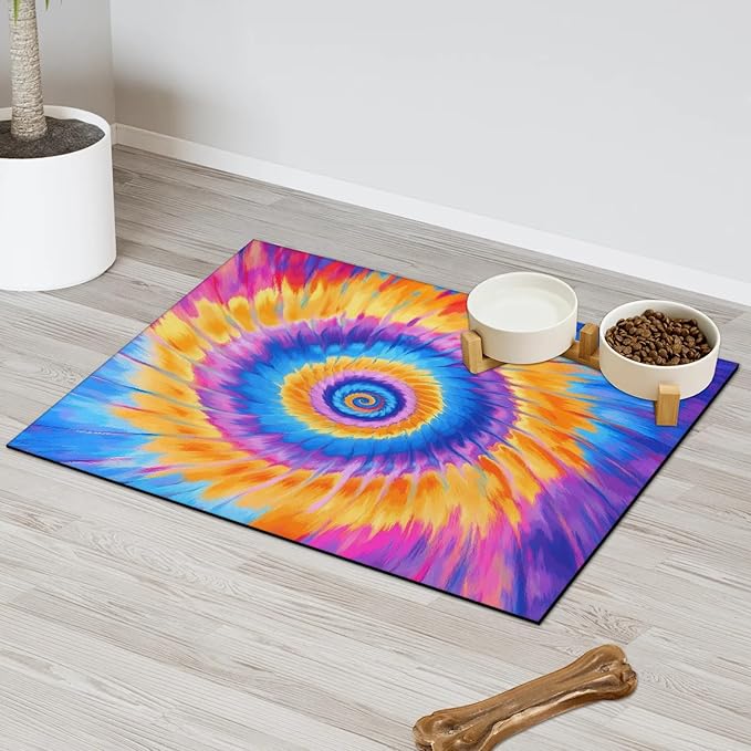 Tie Dye Dog Food Mat for Floors Absorbent, Quick Dry Water Dispenser Mat for Food, Water, Pet Supplies 17" x 30", Watercolor Rainbow