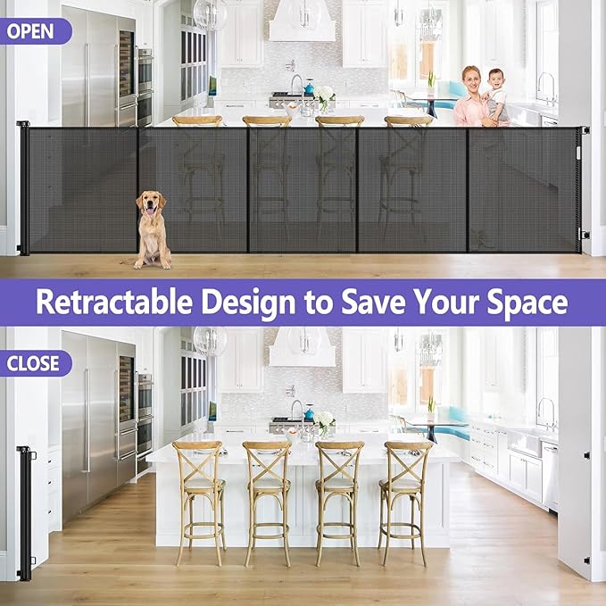 42 Inch Extra Tall Baby Gate 120 Inch Extra Wide Retractable Baby Gates for Large Openings, Upgraded Retractable Gate Keeps Pets from Getting Under Tall Pet Gate, Indoor/Outdoor Long Dog Gate