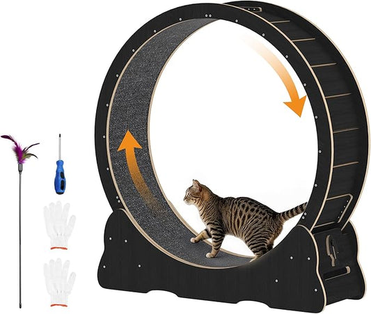 Cat Exercise Wheel Indoor, Quiet Medium Cat Treadmill with Detachable Carpeted Runway & Lock, 38.2” Exercise Running Wheel for Pet’s Health and Entertainment, (Black, M)