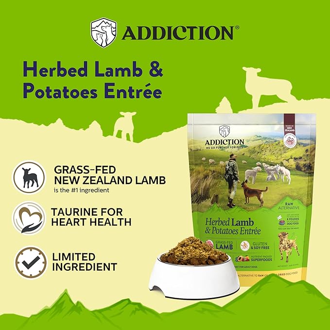 Addiction Herbed Lamb & Potatoes Air-Dried Grain-Free Dog Food – Complete Meal or Topper with Natural Ingredients for Digestive and Skin & Coat Health, 2lb - 4 Packs