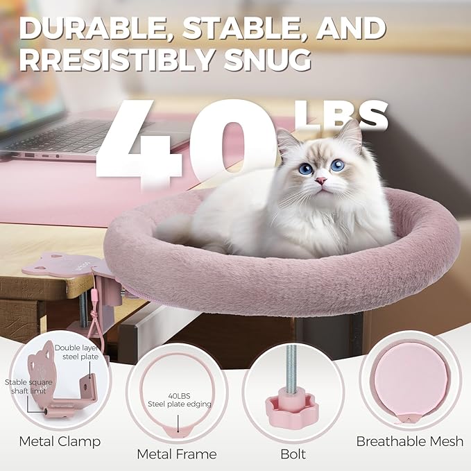 Rotating Cat Desk Bed for Remote Workers, Home Office Staff and Gamers ，Quality Soft Cat Bed, 360° Swivel, Removable Washable Cushion, Comfortable and Easy to Assemble, Supports up 40 lbs(Pink)
