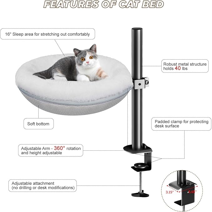 Cat Bed for Desk Removable Cushion Pet Desk Bed for Home Office, Comfortable Cat Perch for Indoor Kitty Max 40 LBS, 360° Rotating & Height Adjustable