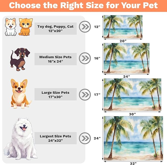 Summer Beach Dog Food Mat for Floors Absorbent, Quick Dry Water Dispenser Mat for Food, Water, Pet Supplies 24" x 32", Tropical Palm Tree