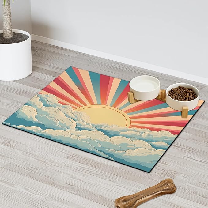 Sun Rainbow Dog Food Mat for Floors Absorbent, Quick Dry Water Dispenser Mat for Food, Water, Pet Supplies 17" x 30", Cloud