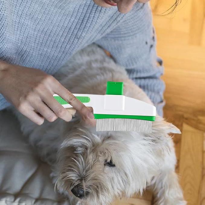Cat Hair Brush for Dogs and Cats, Dog Grooming Supplies with Easy Release Button, Puppy Flea Cleaning Comb for Bathing Long and Short Hair Pets, Indoor Outdoor Removal, Soft Gentle Grooming Tool