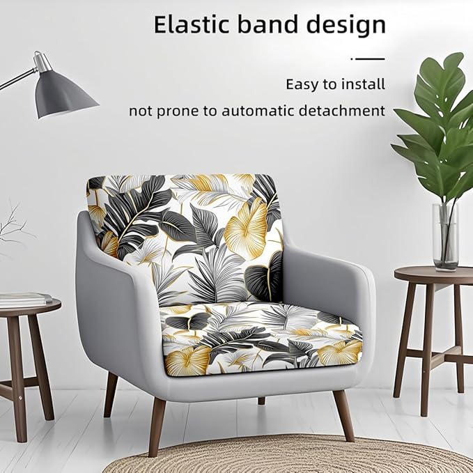 HANDONTIME 8Pcs Outdoor Patio Cushion Covers Tropical Palms Stretch Couch Cushion Cover Patio Couch Slipcover for Outdoor/Indoor Washable Non-Slip Furniture Protector for Pet (Black Gold, Cover Only)