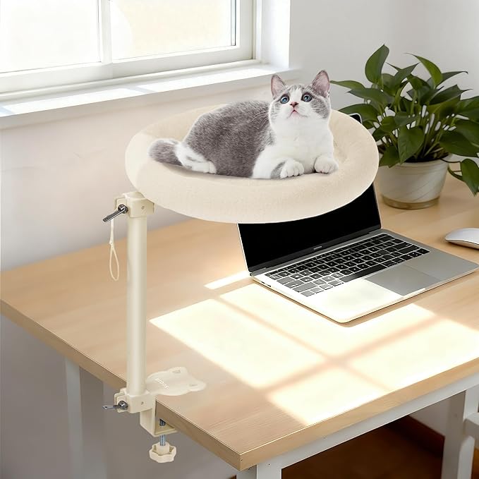 Cat Desk Bed,Steel Cat Bed for Desk,Up and Down Available,360° Rotating, Shelf Height Adjustable, Desktop Attachment Cats Nest Perch Hammock for Office Game Tables, Supports 40lb（Beige）