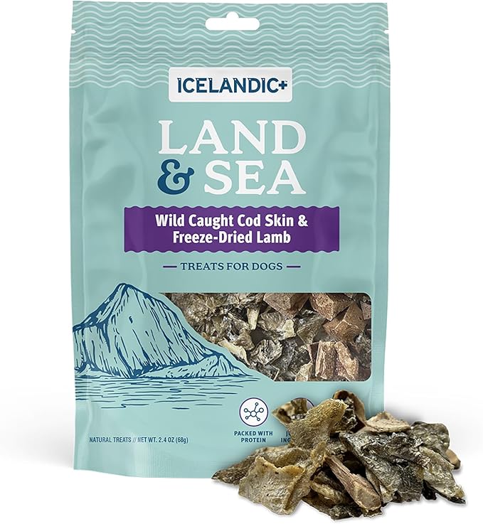 Icelandic+ Land & Sea Wild Caught Cod Skin & Freeze-Dried Lamb - 2.4oz Bag, Dog Treat & Food Topper, 2 Ingredients, No Preservatives, All Natural (Pack of 2)