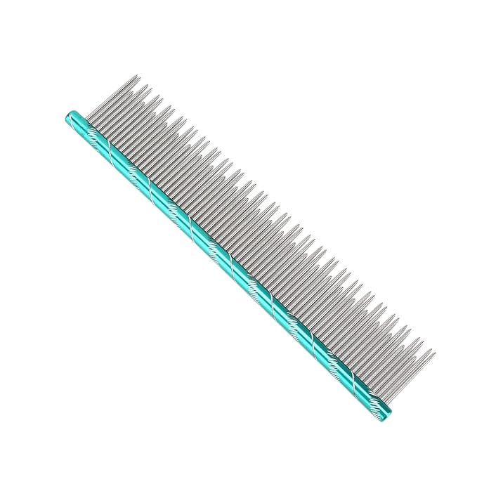 Pet Hair Removal Comb, Stainless Steel Cat Grooming Tool with Dual - Density Teeth, Open Knot Comb for Long and Short Haired Cats, Ergonomic Non - Slip Handle (Green)